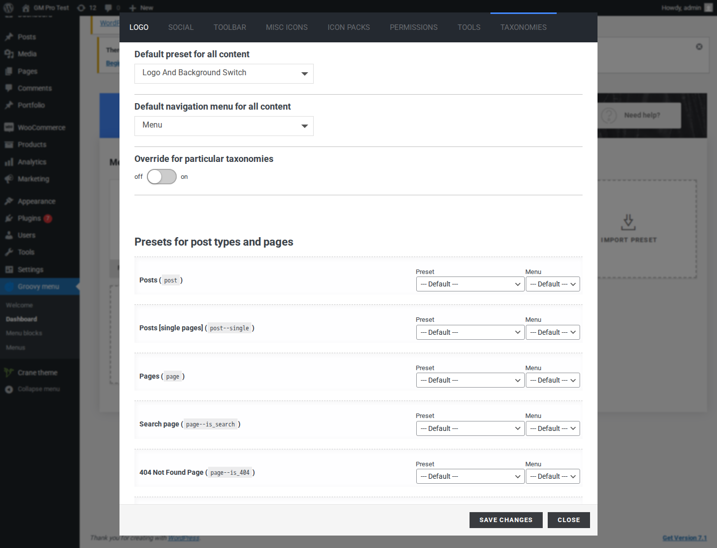 Groovy Menu Global settings Taxonomies with the default preset and navigation menu selectors