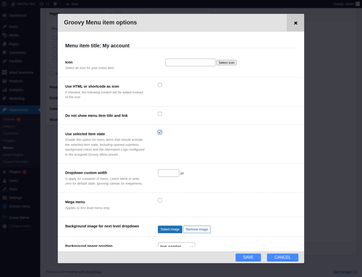Groovy Menu item options with Use selected item state checked and the Save button visible