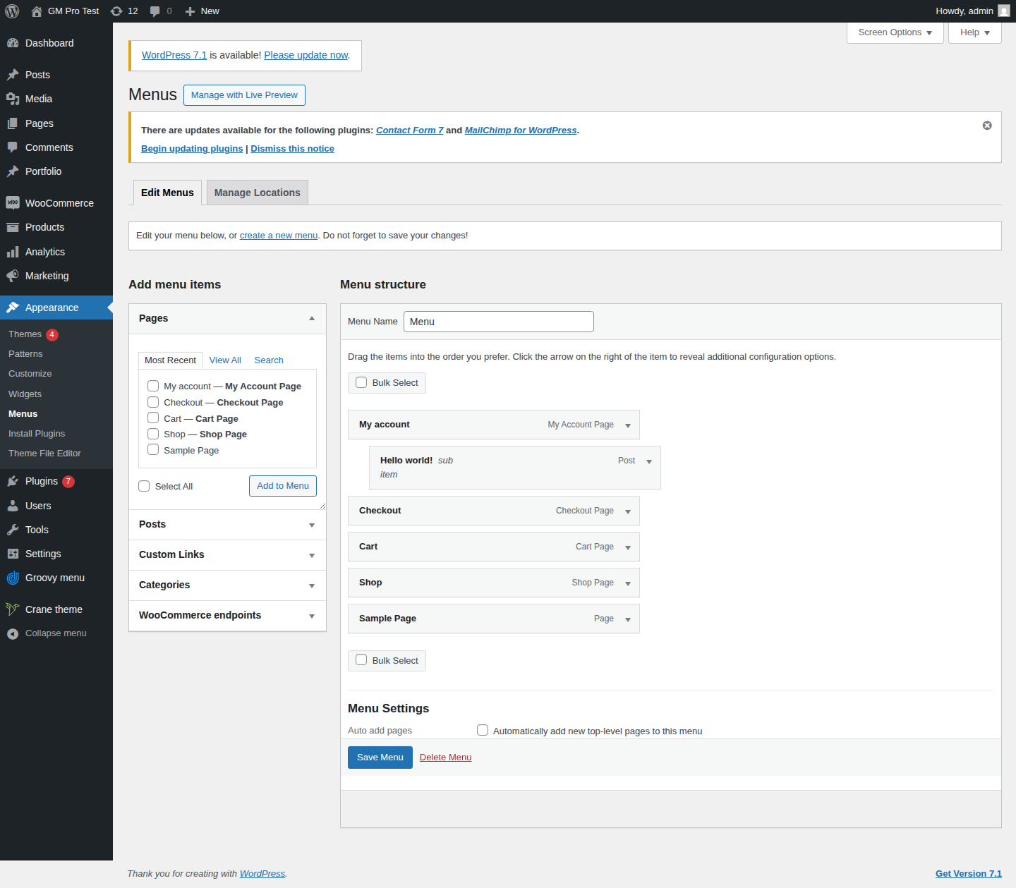 WordPress Appearance Menus showing a top-level menu item with a nested submenu item