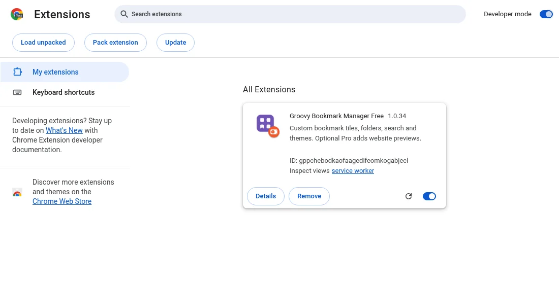 Chromium Extensions page: Developer mode is enabled at the top right; Load unpacked is at the top left. Browser versions may look slightly different.