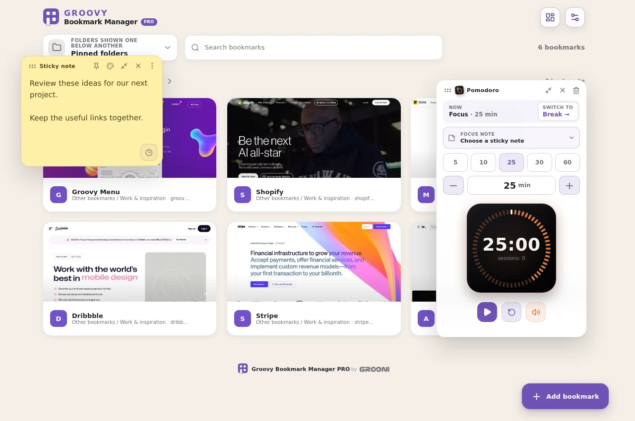 A Sticky Note and Pomodoro in the real workspace. They are movable widgets over the bookmark grid, not extra bookmark tiles.