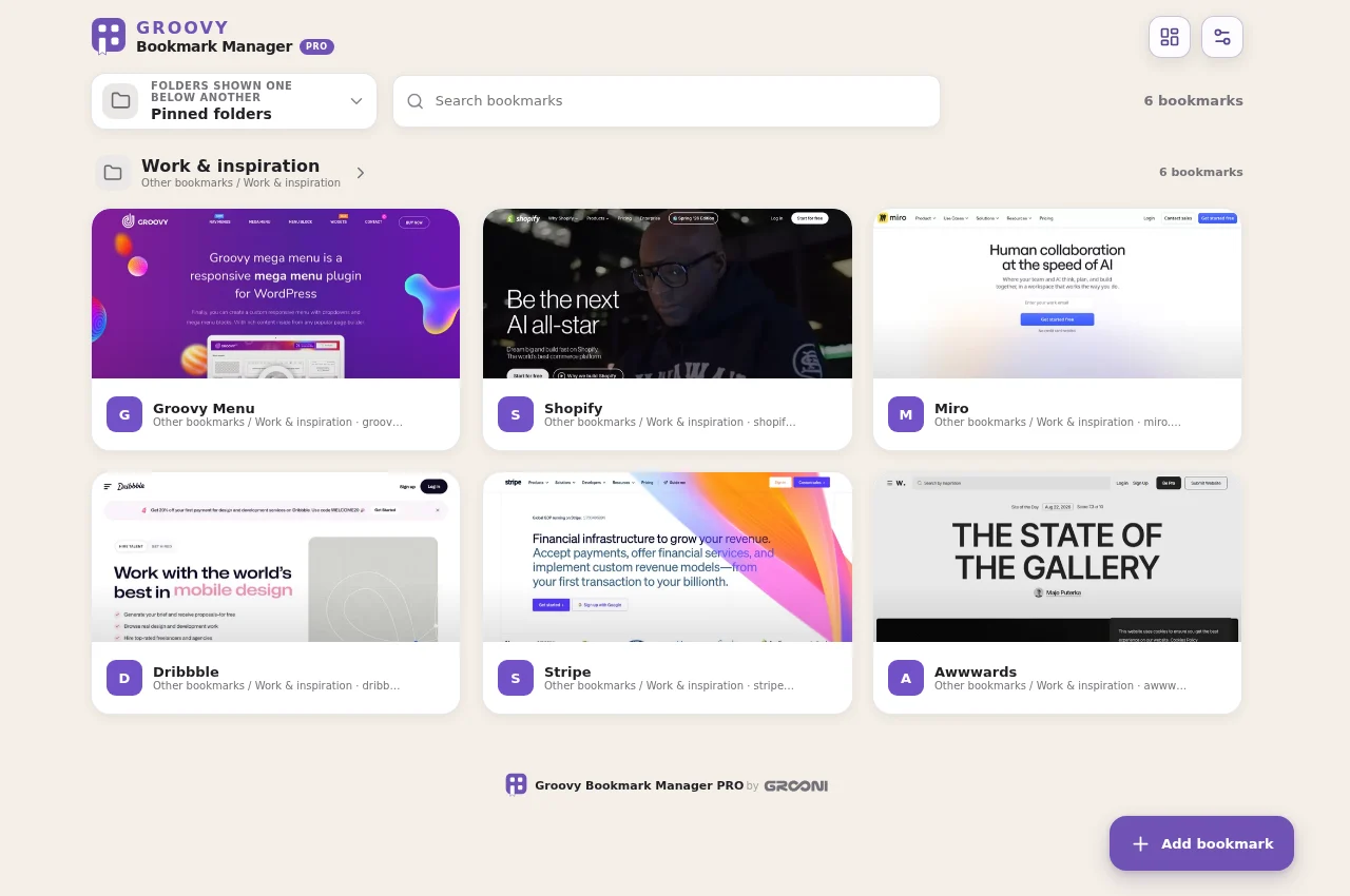 Your bookmarks appear here after installation. This example uses a few saved websites and custom covers.