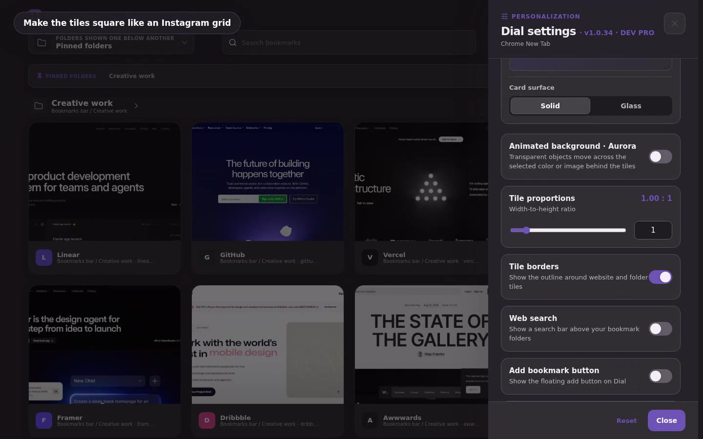 Groovy Bookmark Manager with real website previews changing from square tiles to a wider grid