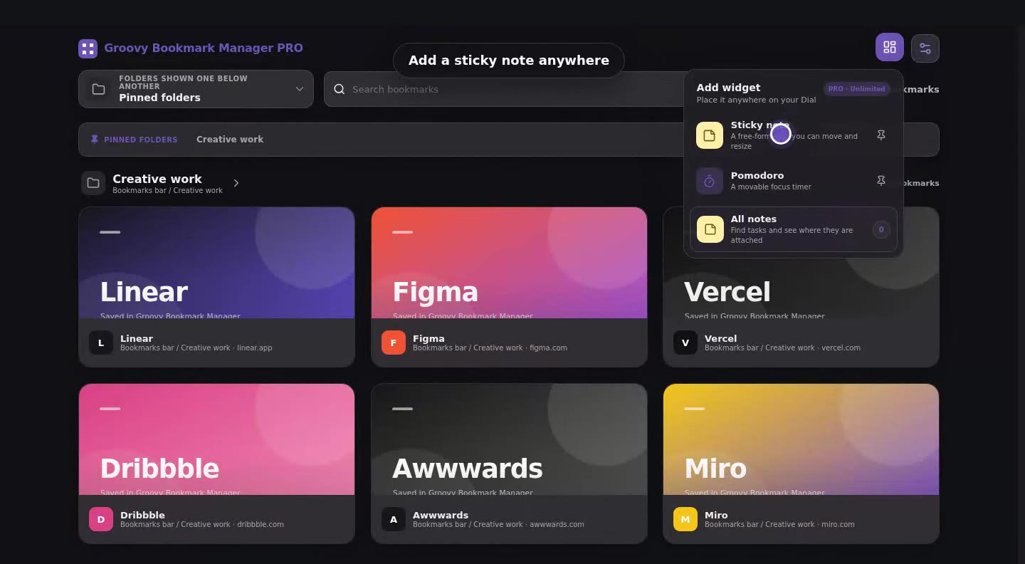 A sticky note attached to a Figma bookmark in the real Groovy Bookmark Manager dark interface