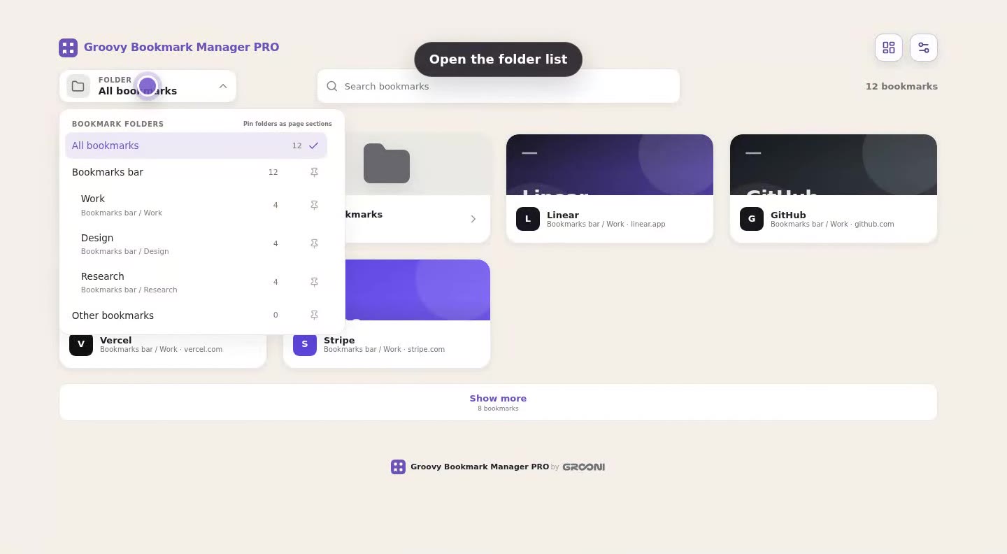 Work, Design, and Research pinned as separate Groovy Bookmark Manager Home sections